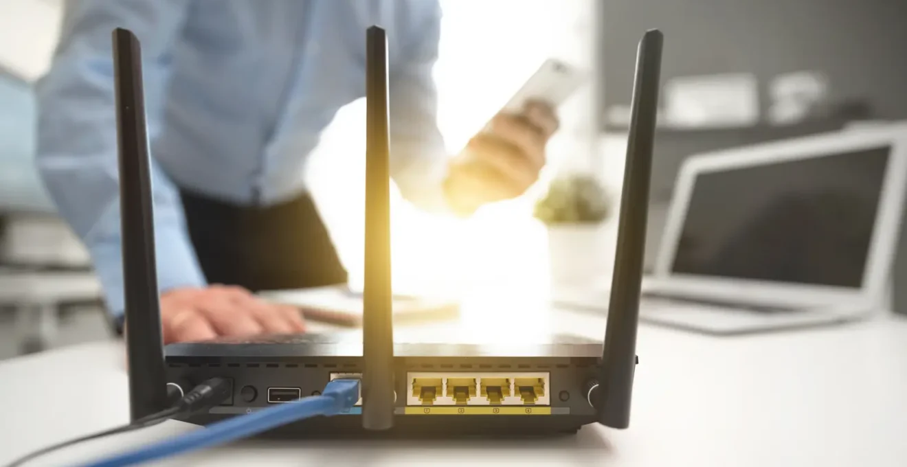 Une personne connecte un câble sur un routeur Wi-Fi posé sur un bureau.